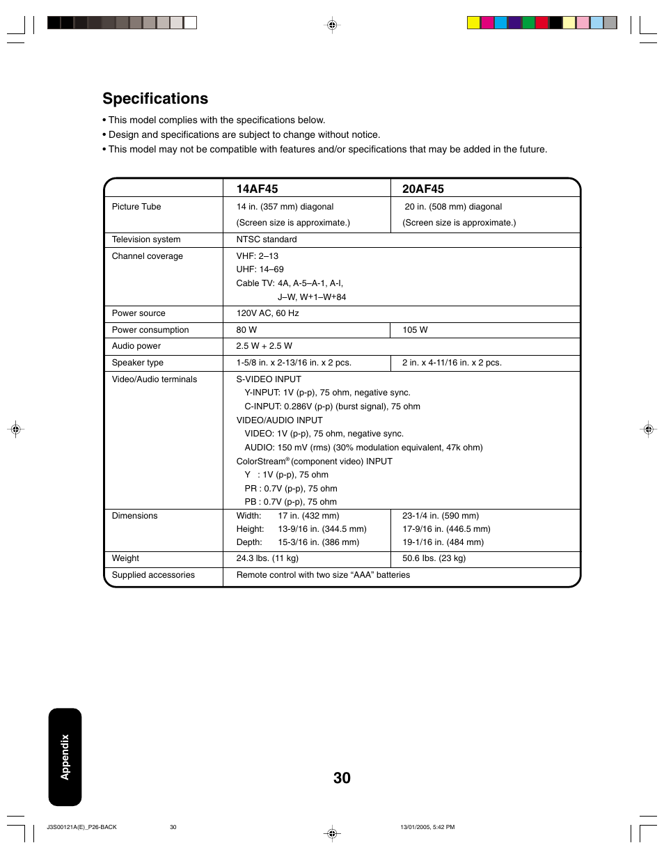 Specifications | Toshiba 14AF45 User Manual | Page 30 / 32