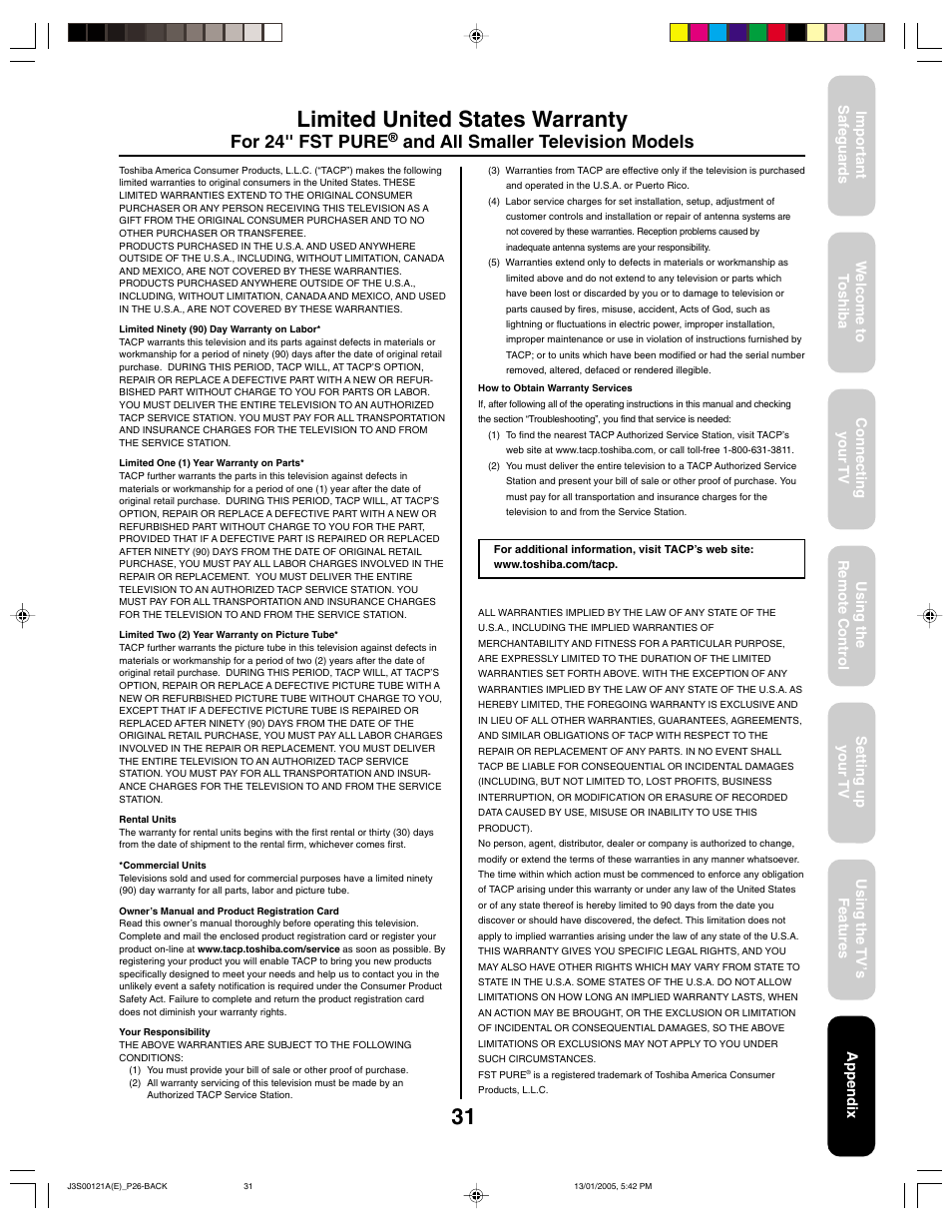 Limited united states warranty, For 24'' fst pure, And all smaller television models | Appendix | Toshiba 14AF45 User Manual | Page 31 / 32