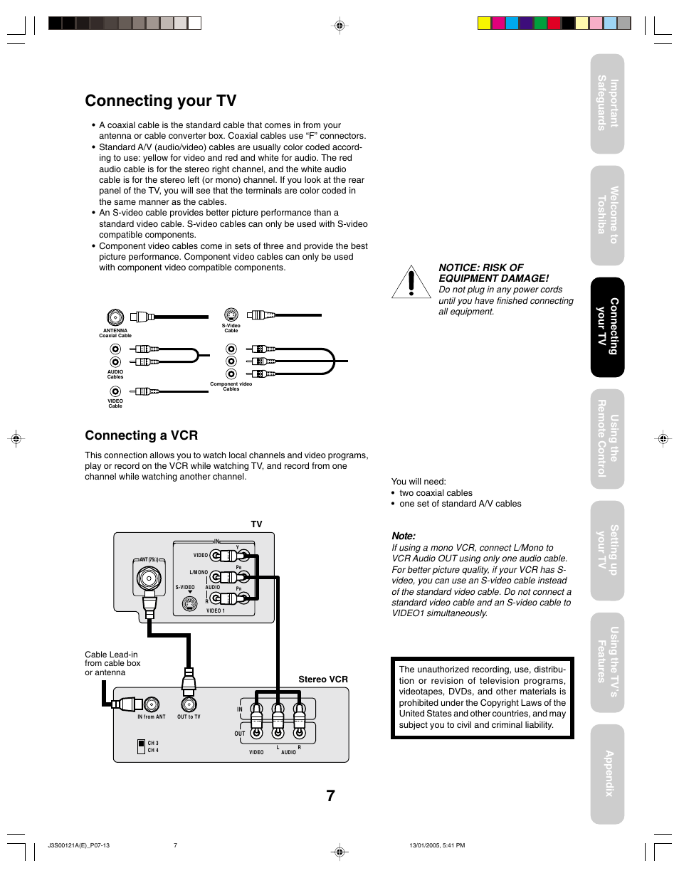 Connecting a vcr, Notice: risk of equipment damage, Connecting your tv | Toshiba 14AF45 User Manual | Page 7 / 32