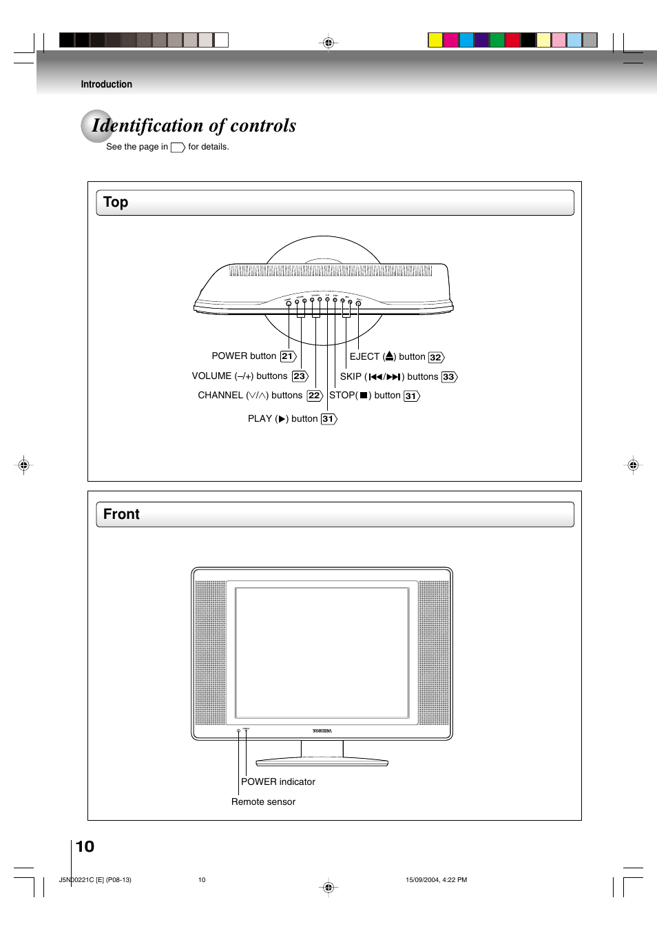 Identification of controls, Front | Toshiba SD-P4000 User Manual | Page 10 / 54