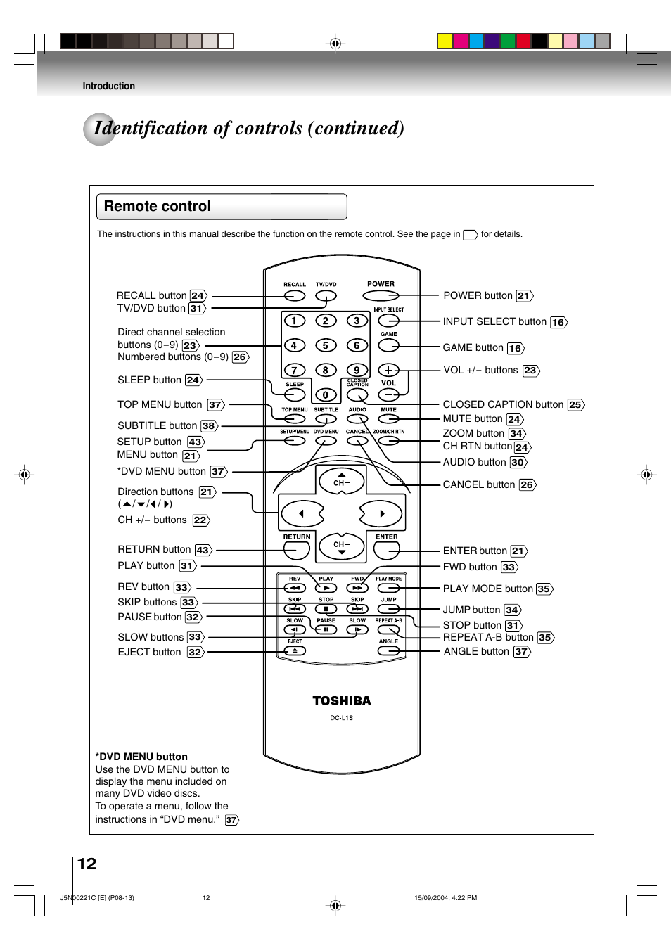 Identification of controls (continued), Remote control | Toshiba SD-P4000 User Manual | Page 12 / 54