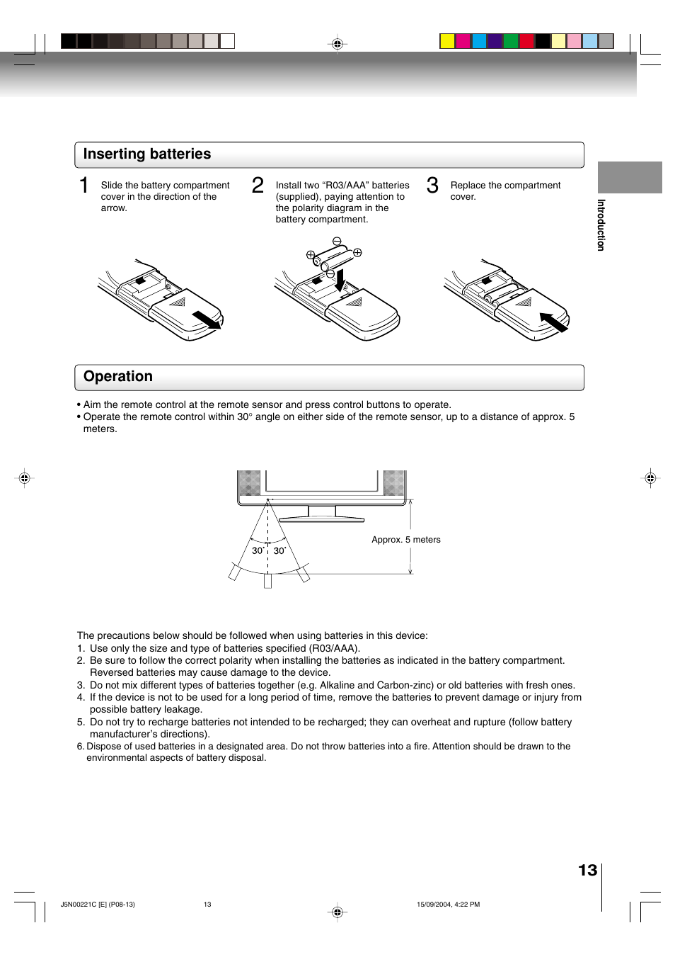 Inserting batteries operation | Toshiba SD-P4000 User Manual | Page 13 / 54