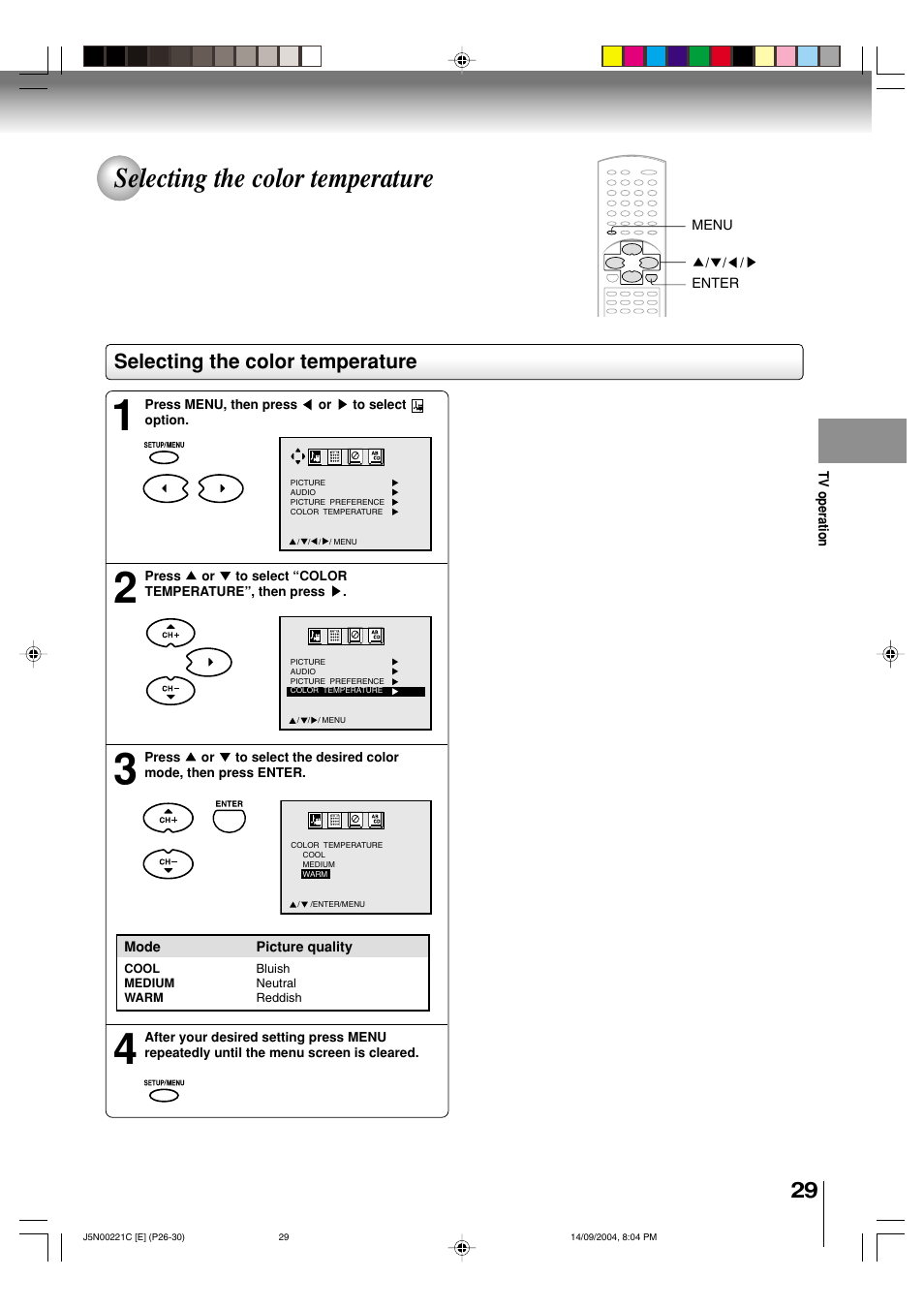 Selecting the color temperature | Toshiba SD-P4000 User Manual | Page 29 / 54