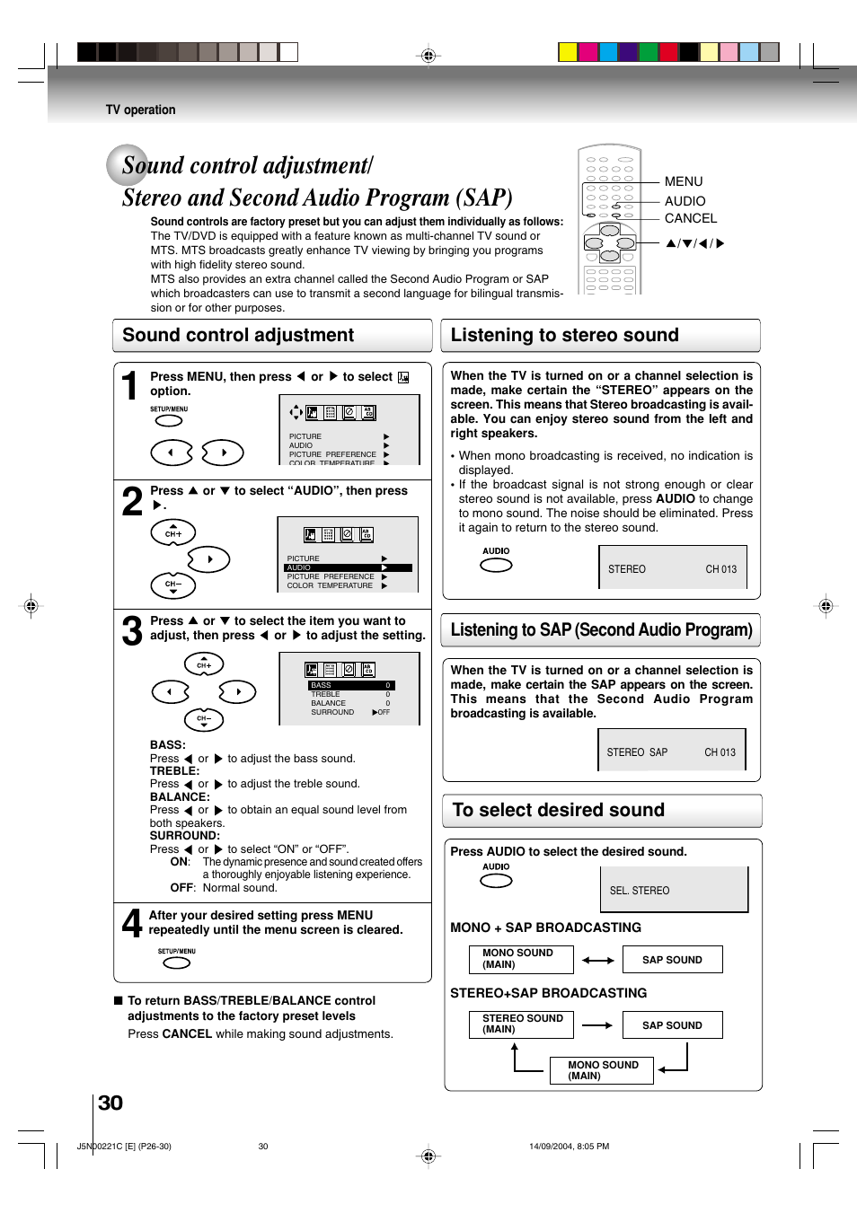 Listening to sap (second audio program), Sound control adjustment | Toshiba SD-P4000 User Manual | Page 30 / 54