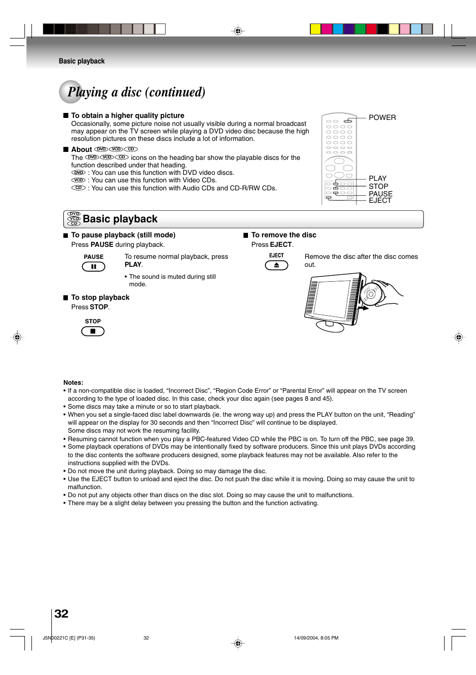 Playing a disc (continued), Basic playback | Toshiba SD-P4000 User Manual | Page 32 / 54