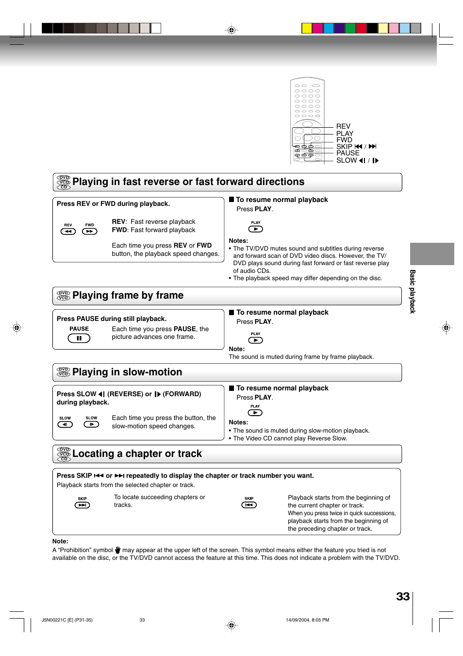 Playing in slow-motion locating a chapter or track | Toshiba SD-P4000 User Manual | Page 33 / 54