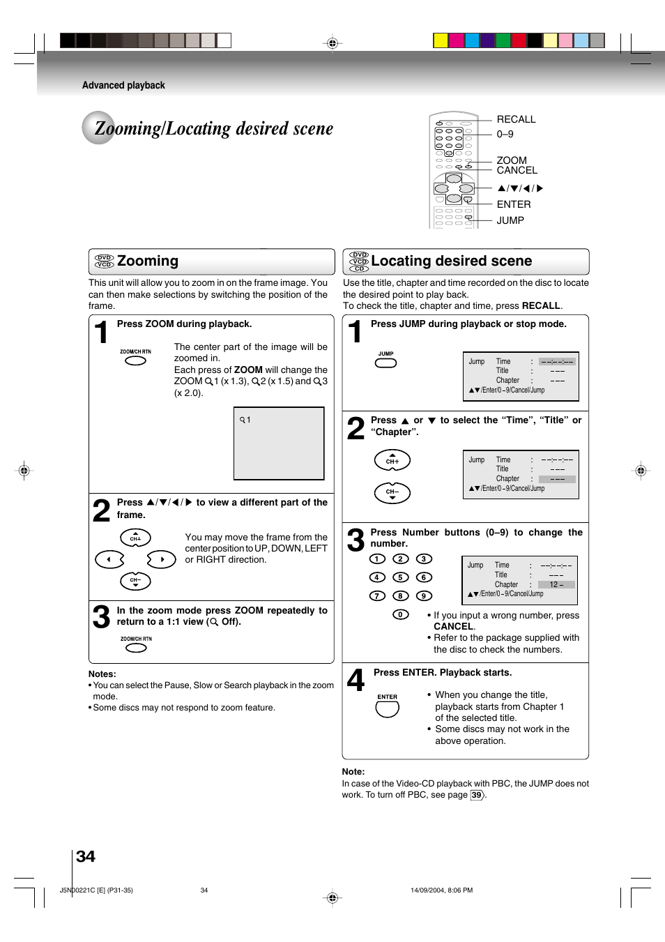 Zooming/locating desired scene, Zooming, Locating desired scene | Toshiba SD-P4000 User Manual | Page 34 / 54