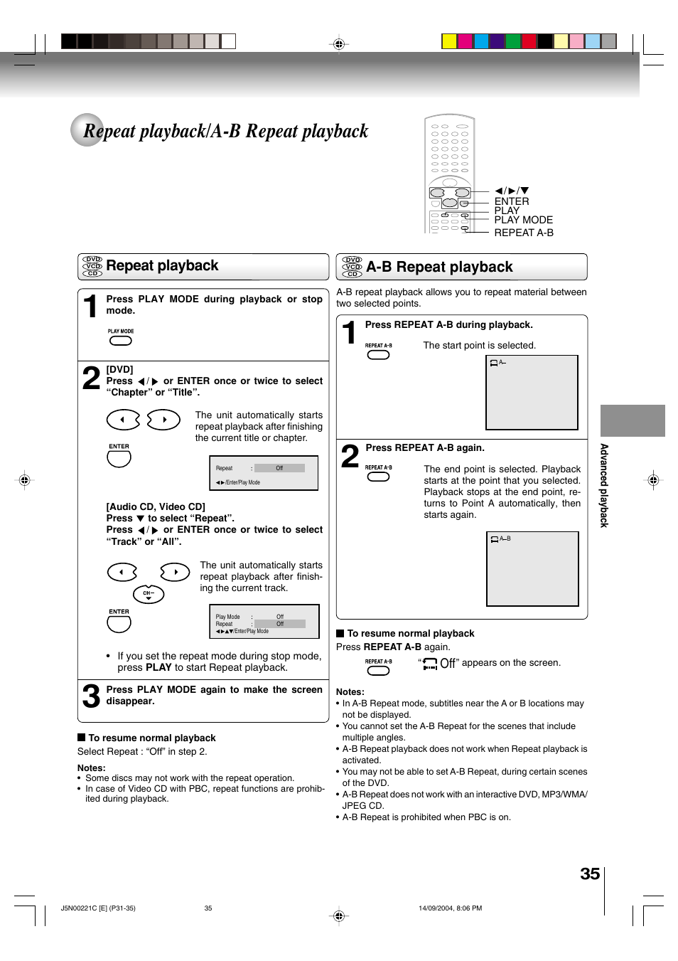 Repeat playback/a-b repeat playback, A-b repeat playback repeat playback | Toshiba SD-P4000 User Manual | Page 35 / 54