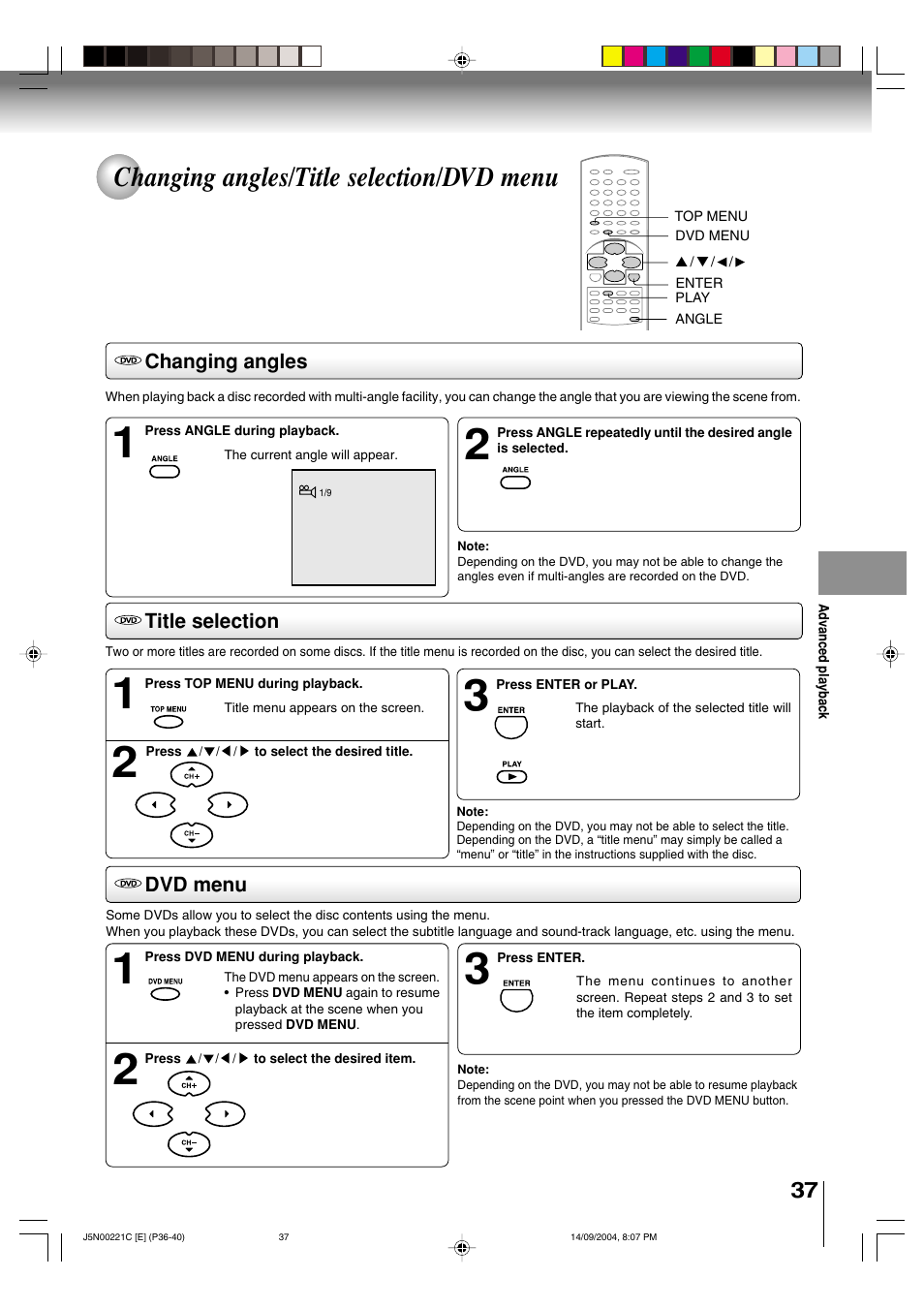 Changing angles/title selection/dvd menu | Toshiba SD-P4000 User Manual | Page 37 / 54