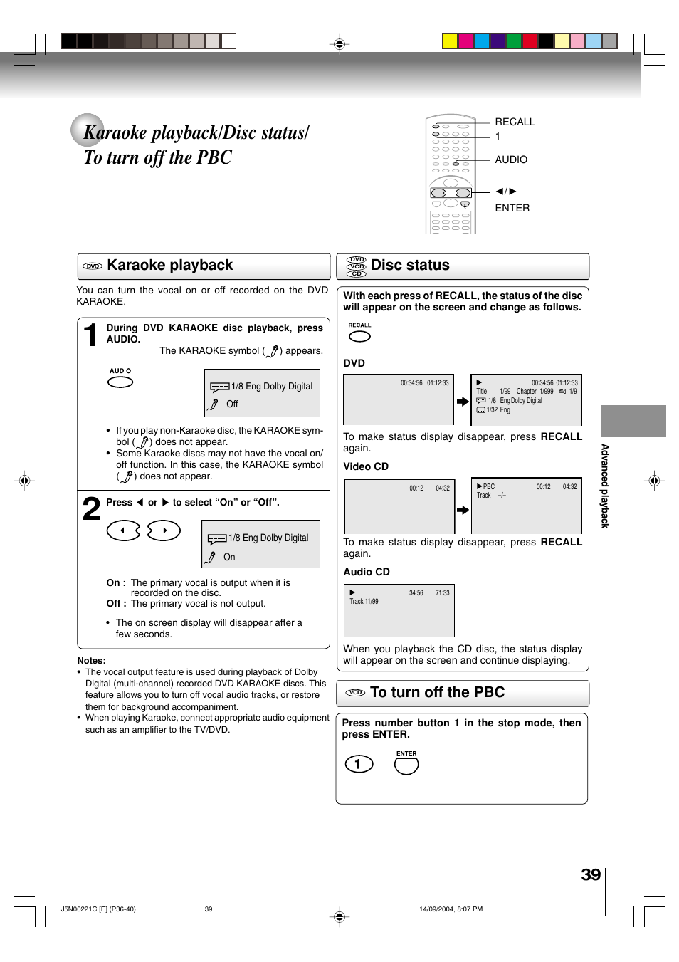 Karaoke playback/disc status/ to turn off the pbc, Disc status, Karaoke playback | Toshiba SD-P4000 User Manual | Page 39 / 54