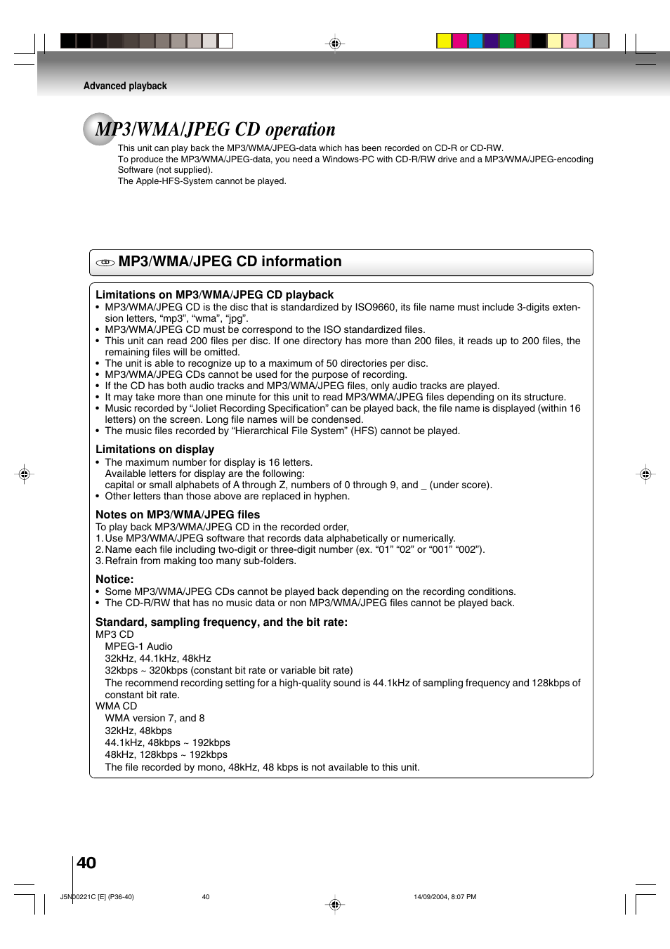 Mp3/wma/jpeg cd operation, Mp3/wma/jpeg cd information | Toshiba SD-P4000 User Manual | Page 40 / 54