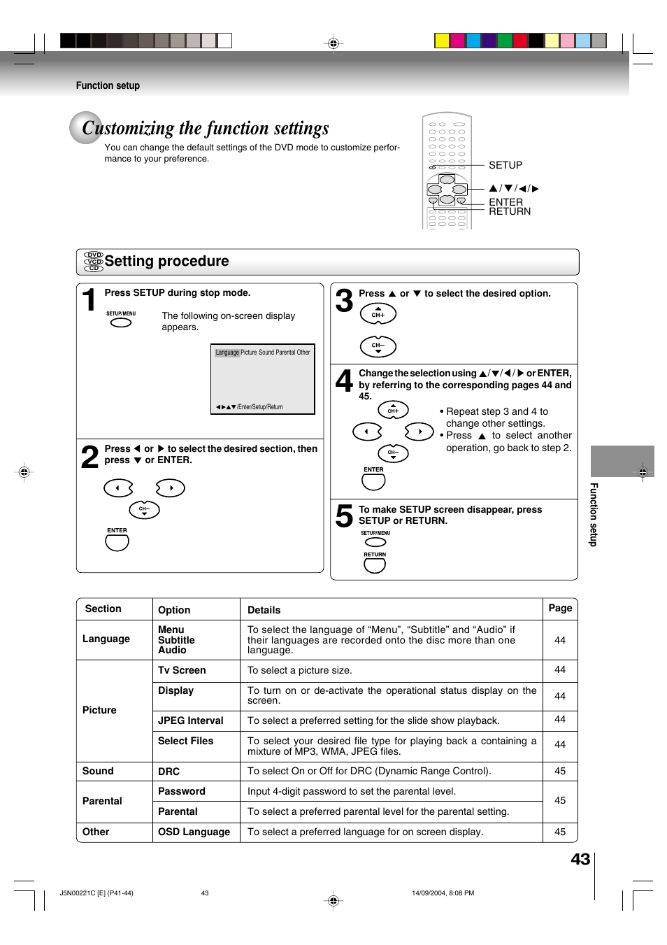 Customizing the function settings, Setting procedure | Toshiba SD-P4000 User Manual | Page 43 / 54