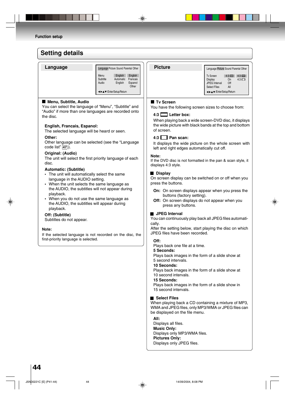 Setting details, Language picture | Toshiba SD-P4000 User Manual | Page 44 / 54