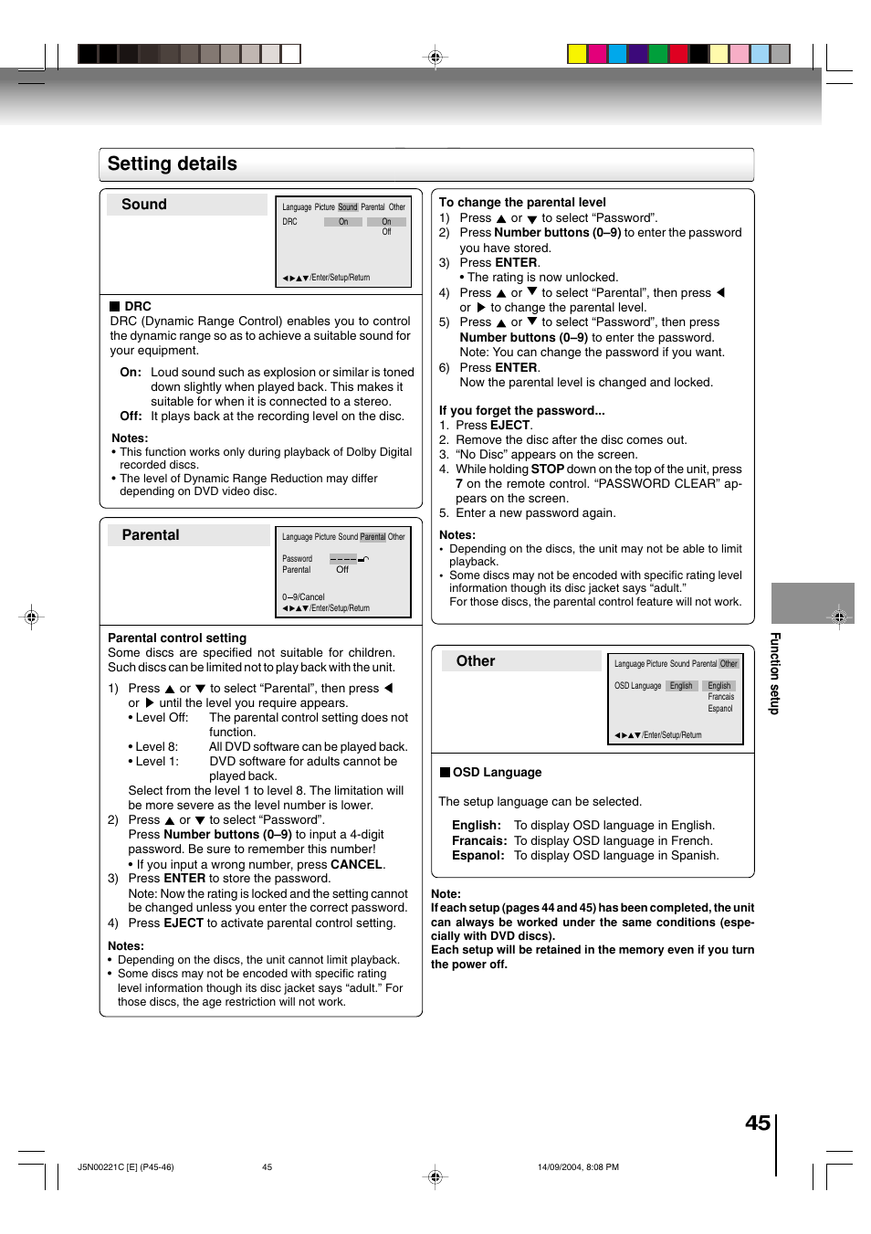 Setting details, Parental other, Sound | Toshiba SD-P4000 User Manual | Page 45 / 54