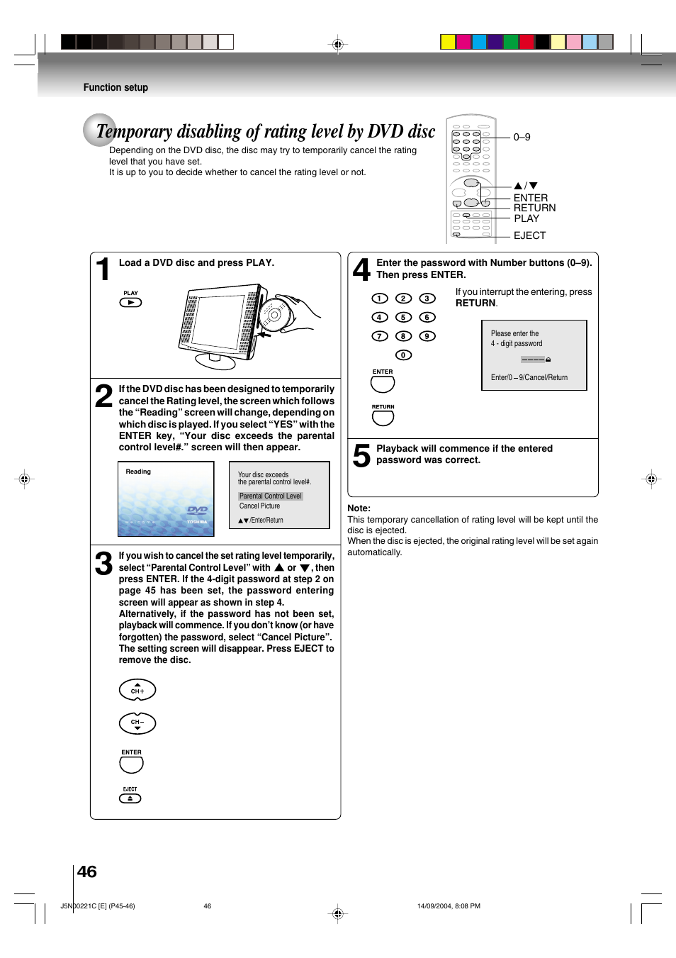Temporary disabling of rating level by dvd disc | Toshiba SD-P4000 User Manual | Page 46 / 54