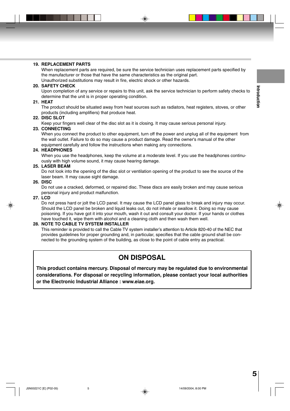 On disposal | Toshiba SD-P4000 User Manual | Page 5 / 54