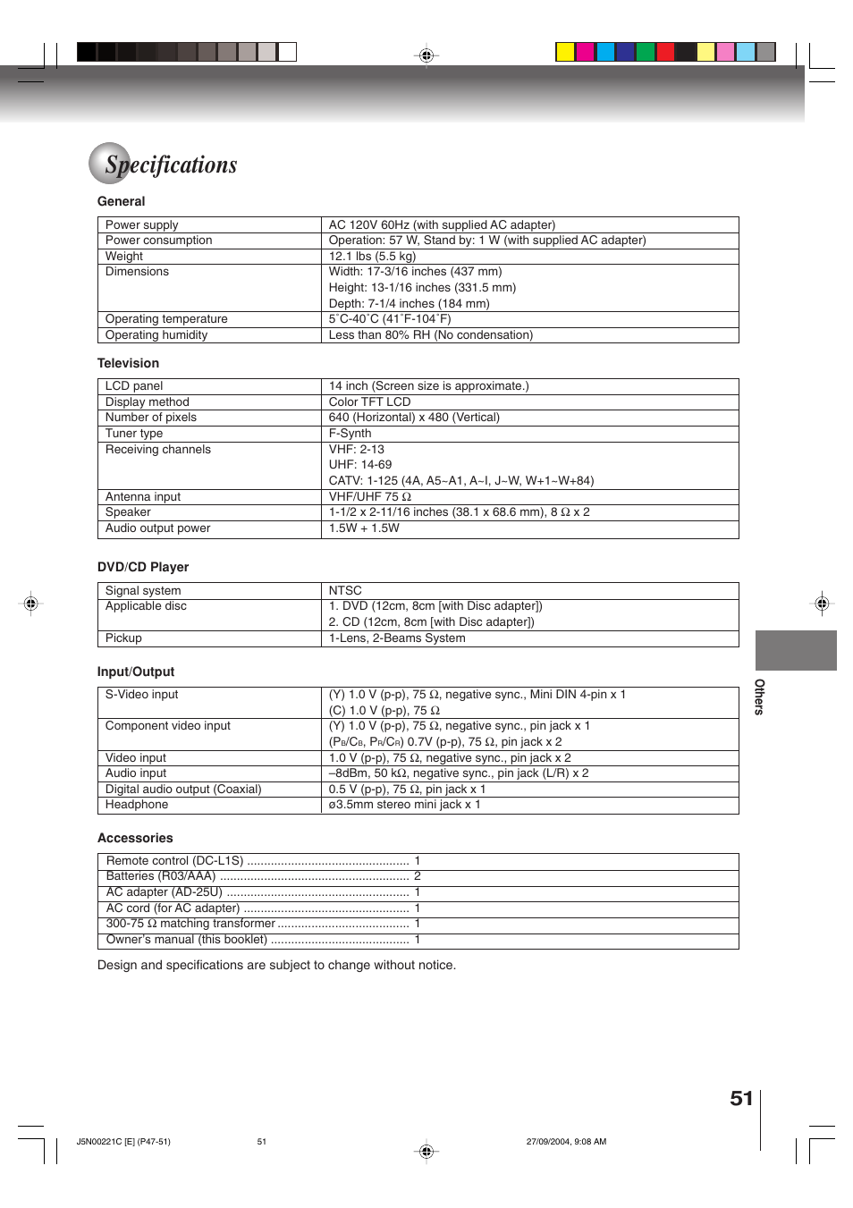 Specifications | Toshiba SD-P4000 User Manual | Page 51 / 54