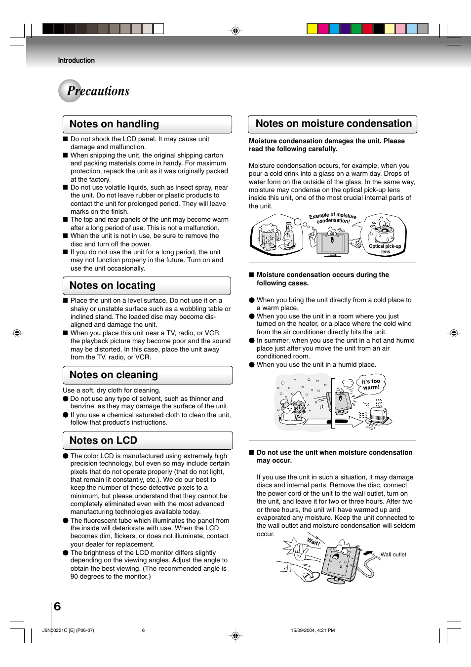 Precautions | Toshiba SD-P4000 User Manual | Page 6 / 54
