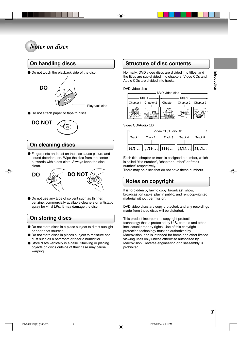 Structure of disc contents, On handling discs, On cleaning discs | On storing discs, Do not do do do not | Toshiba SD-P4000 User Manual | Page 7 / 54