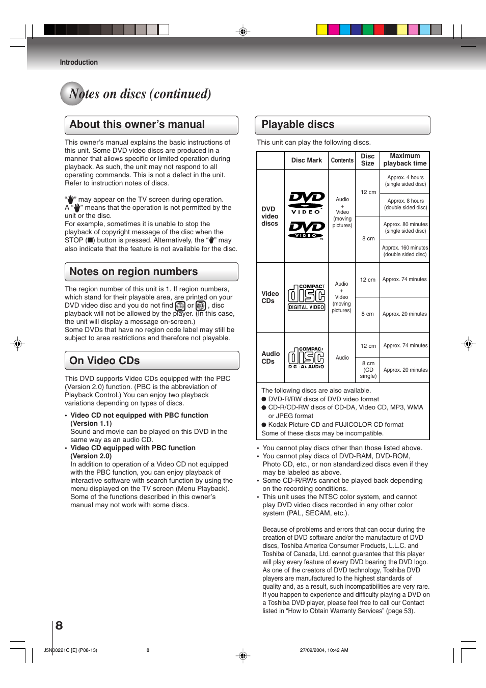 Playable discs, About this owner’s manual, On video cds | Toshiba SD-P4000 User Manual | Page 8 / 54