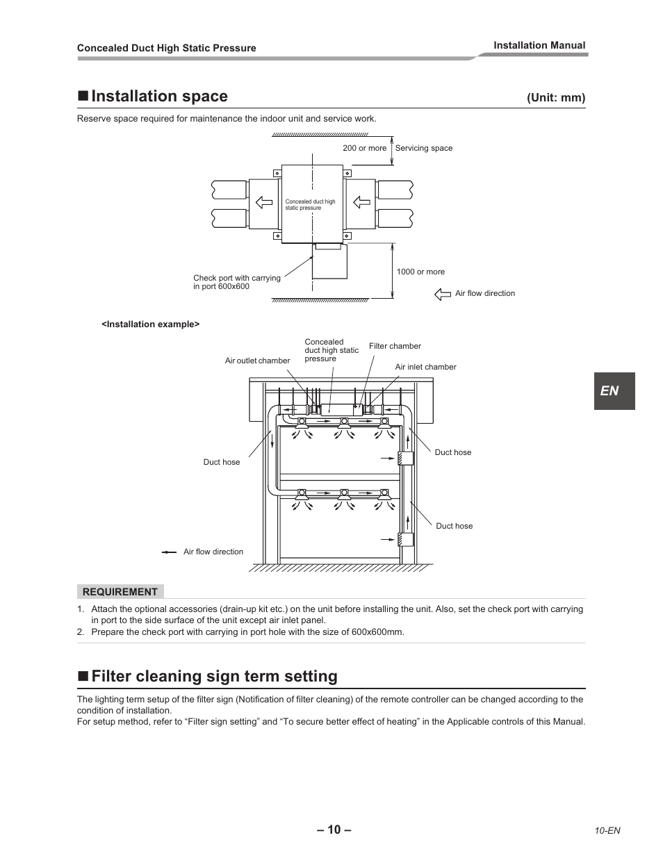 Installation space, Filter cleaning sign term setting | Toshiba RAV-SM2242DT-E User Manual | Page 11 / 41