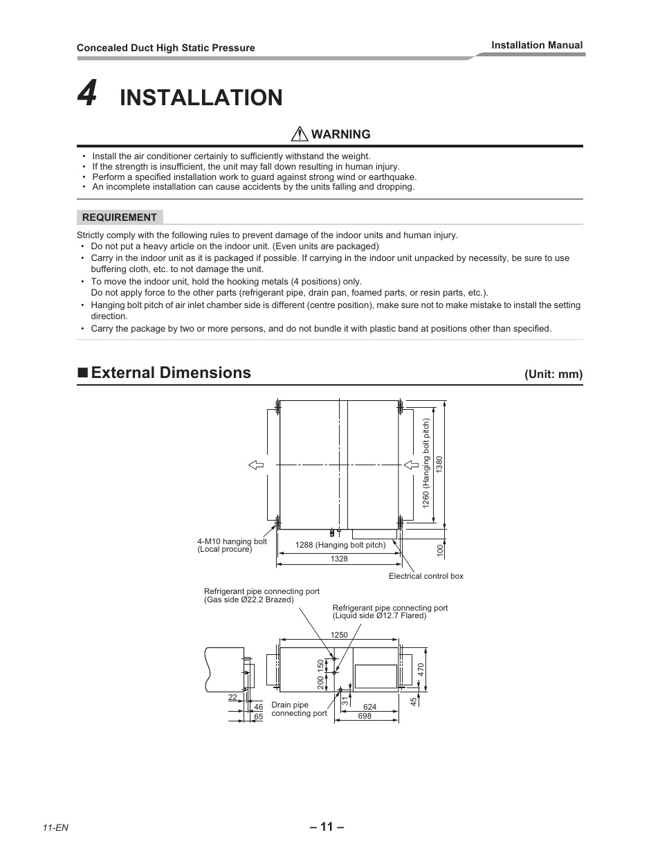 Installation, External dimensions, Warning | Toshiba RAV-SM2242DT-E User Manual | Page 12 / 41