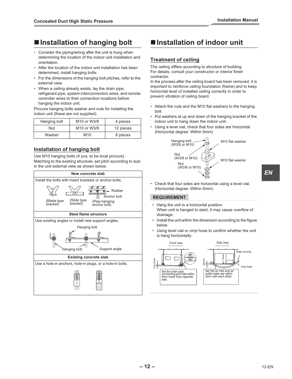 Installation of hanging bolt, Installation of indoor unit, Treatment of ceiling | Toshiba RAV-SM2242DT-E User Manual | Page 13 / 41