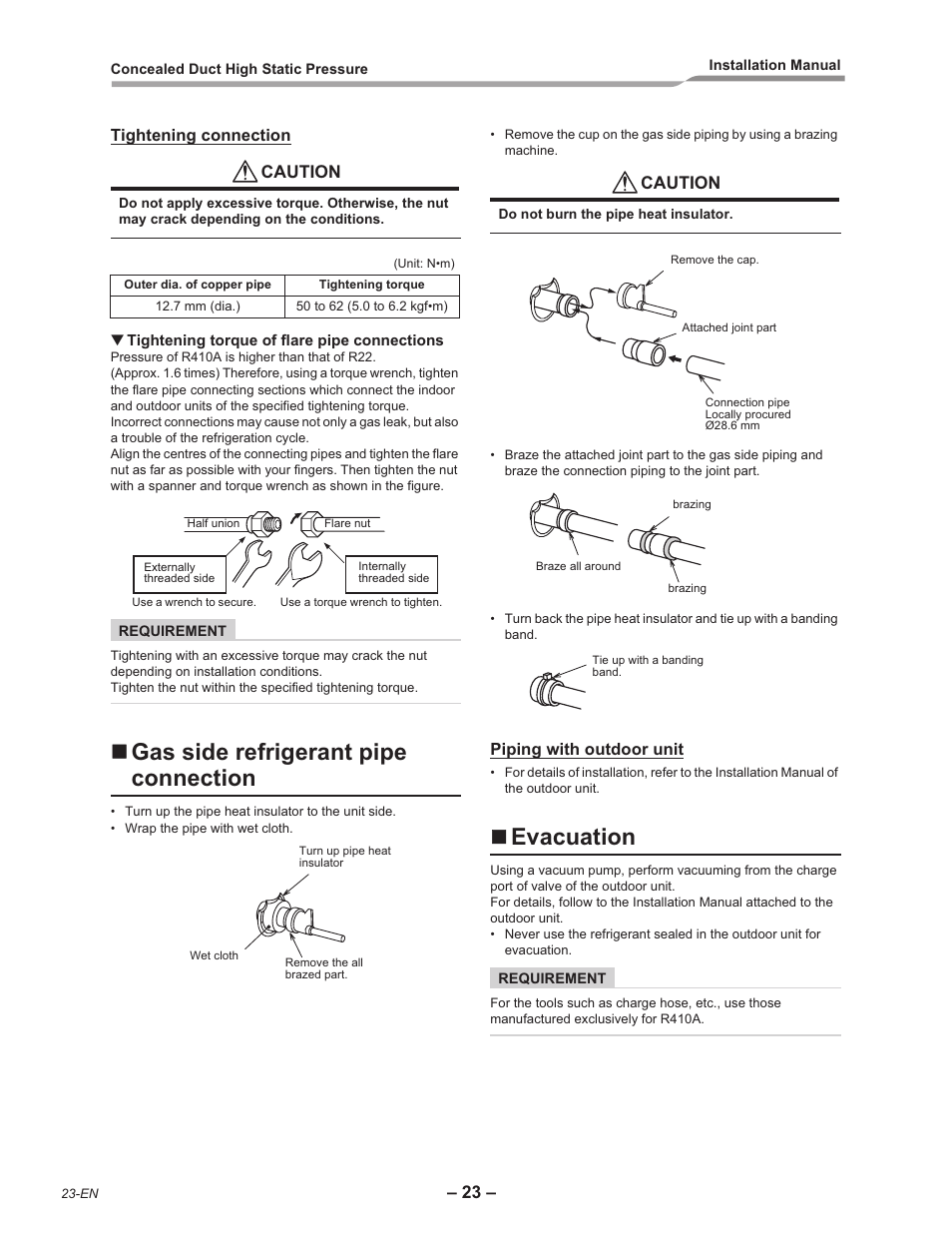 Gas side refrigerant pipe connection, Evacuation, Caution | Toshiba RAV-SM2242DT-E User Manual | Page 24 / 41