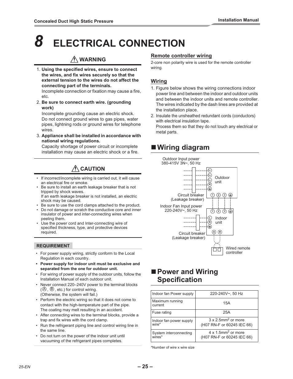 Electrical connection, Wiring diagram  power and wiring specification, Warning | Caution | Toshiba RAV-SM2242DT-E User Manual | Page 26 / 41