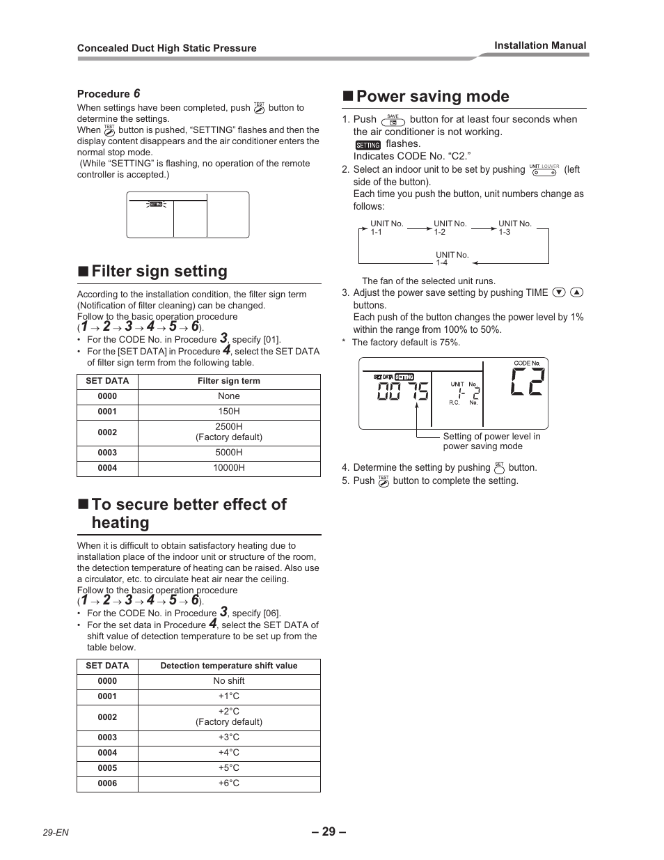 Filter sign setting, Power saving mode | Toshiba RAV-SM2242DT-E User Manual | Page 30 / 41