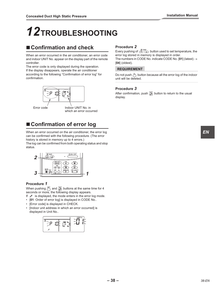 Troubleshooting, Confirmation and check, Confirmation of error log | Toshiba RAV-SM2242DT-E User Manual | Page 39 / 41