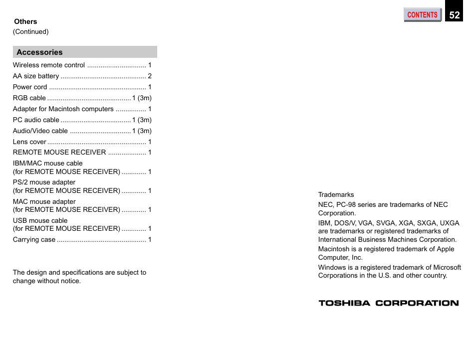 Toshiba 3 LCD Data TLP680U User Manual | Page 52 / 52