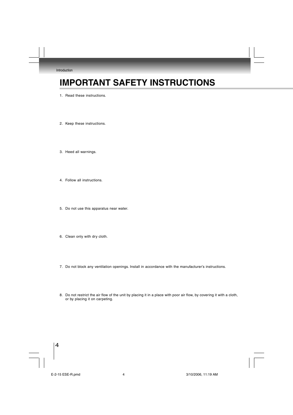Important safety instructions | Toshiba E-2-15 ESE-R User Manual | Page 3 / 14