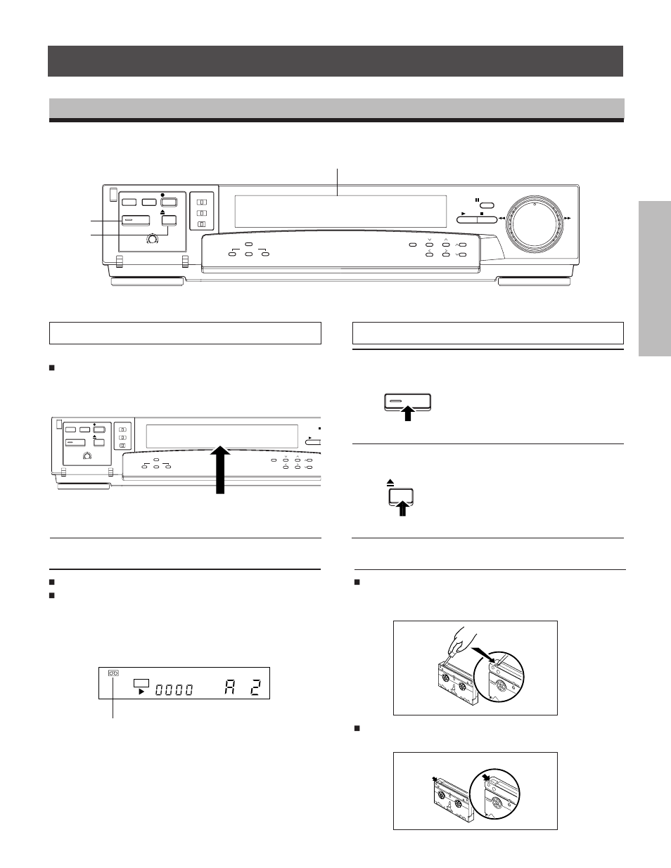 Loading and unloading a video cassette, Loading a cassette, Unloading a cassette | Safety tab, Cassette indicator, Turn the power on, Press the eject button, 1 2 cassette compartment | Toshiba kV-9960A User Manual | Page 23 / 52