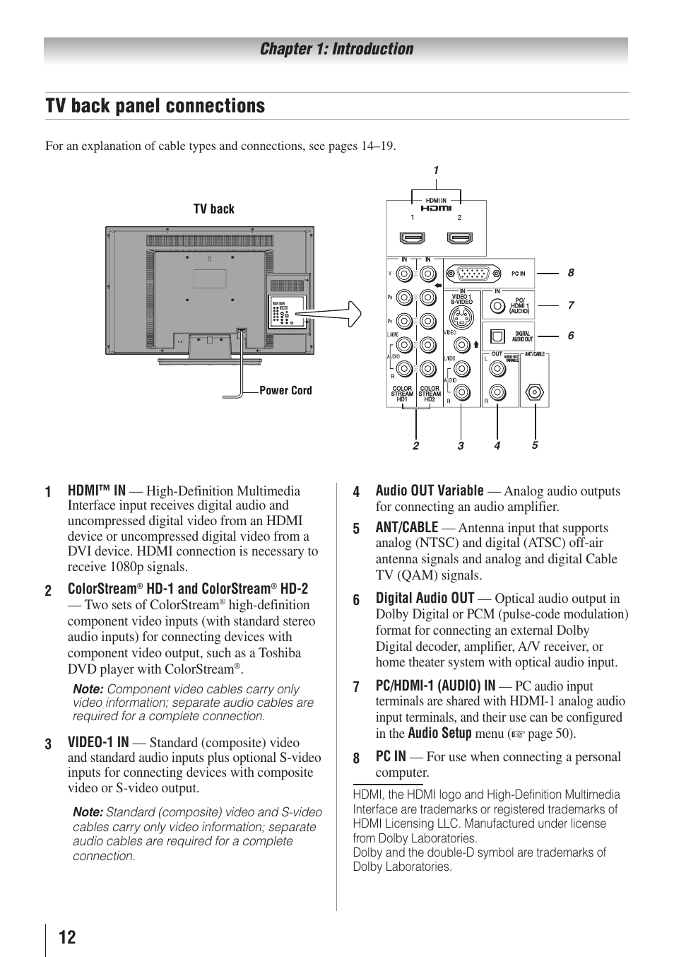 Tv back panel connections | Toshiba 26AV502RZ User Manual | Page 12 / 64