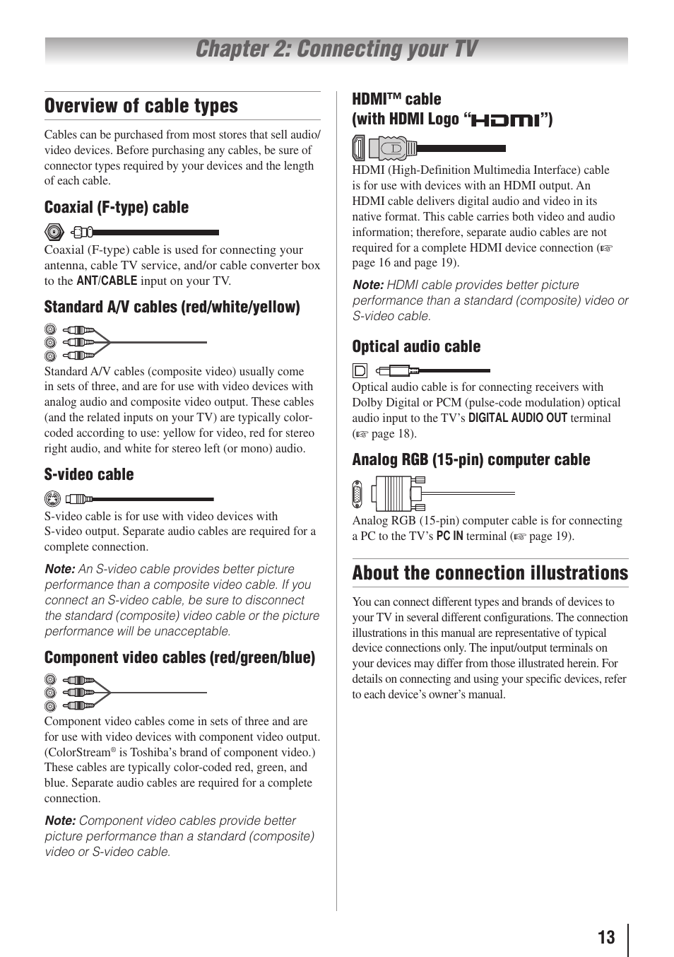 Chapter 2: connecting your tv, Overview of cable types, About the connection illustrations | Toshiba 26AV502RZ User Manual | Page 13 / 64