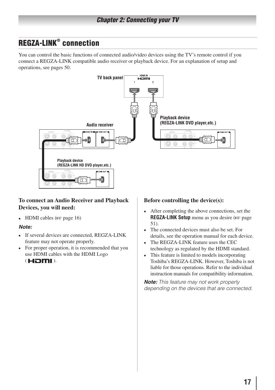 Regza-link, Connection | Toshiba 26AV502RZ User Manual | Page 17 / 64