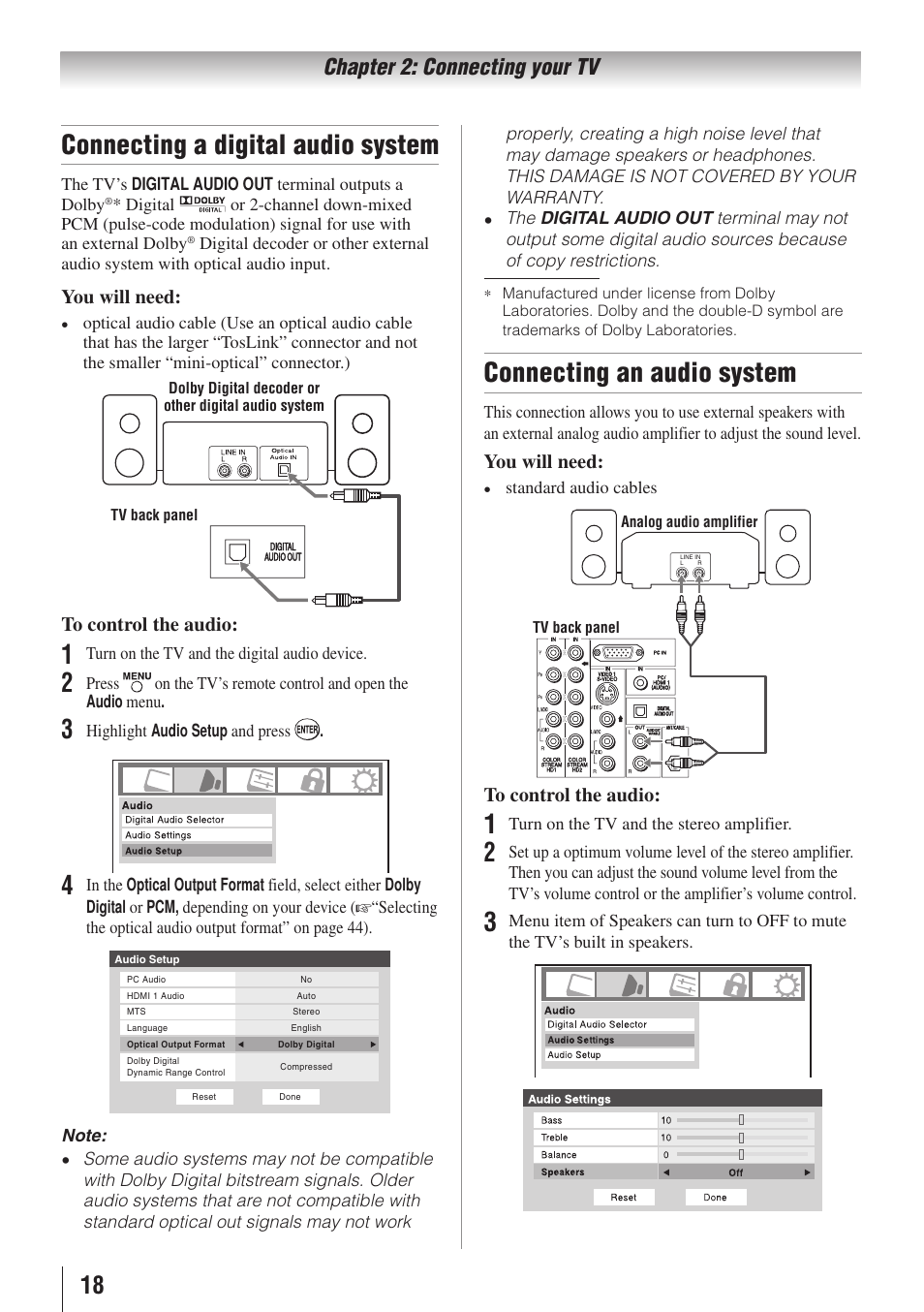 Connecting a digital audio system, Connecting an audio system, Chapter 2: connecting your tv | You will need | Toshiba 26AV502RZ User Manual | Page 18 / 64