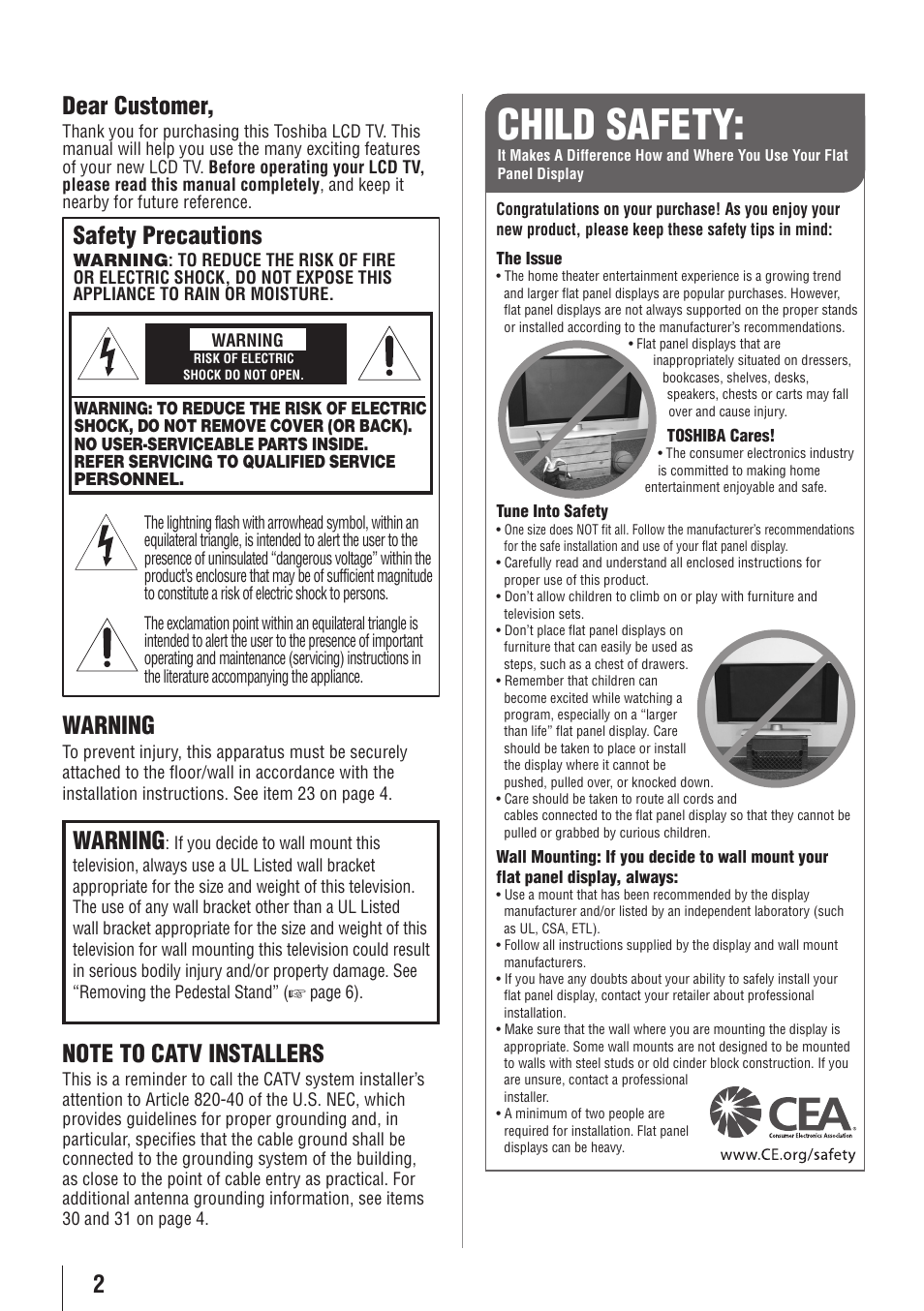 Child safety, 2dear customer, Safety precautions | Warning | Toshiba 26AV502RZ User Manual | Page 2 / 64