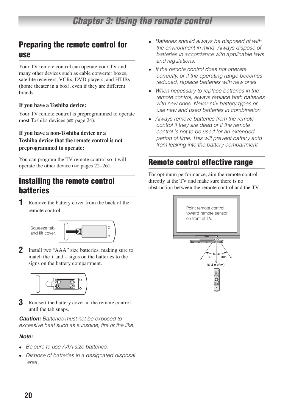 Chapter 3: using the remote control, Preparing the remote control for use, Installing the remote control batteries 1無 | Remote control effective range | Toshiba 26AV502RZ User Manual | Page 20 / 64