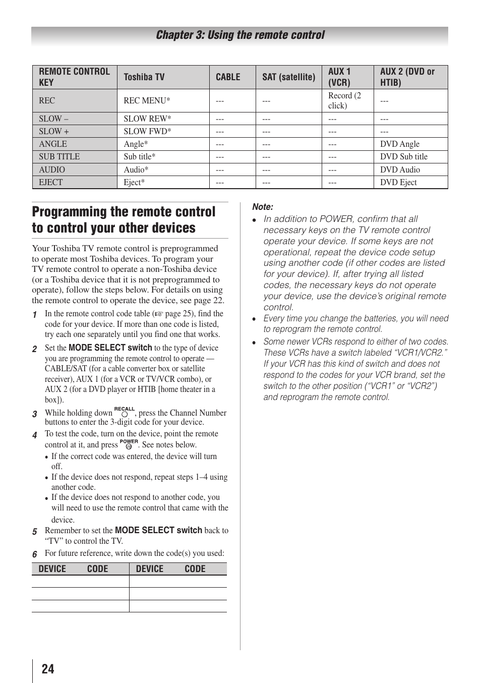 Chapter 3: using the remote control | Toshiba 26AV502RZ User Manual | Page 24 / 64