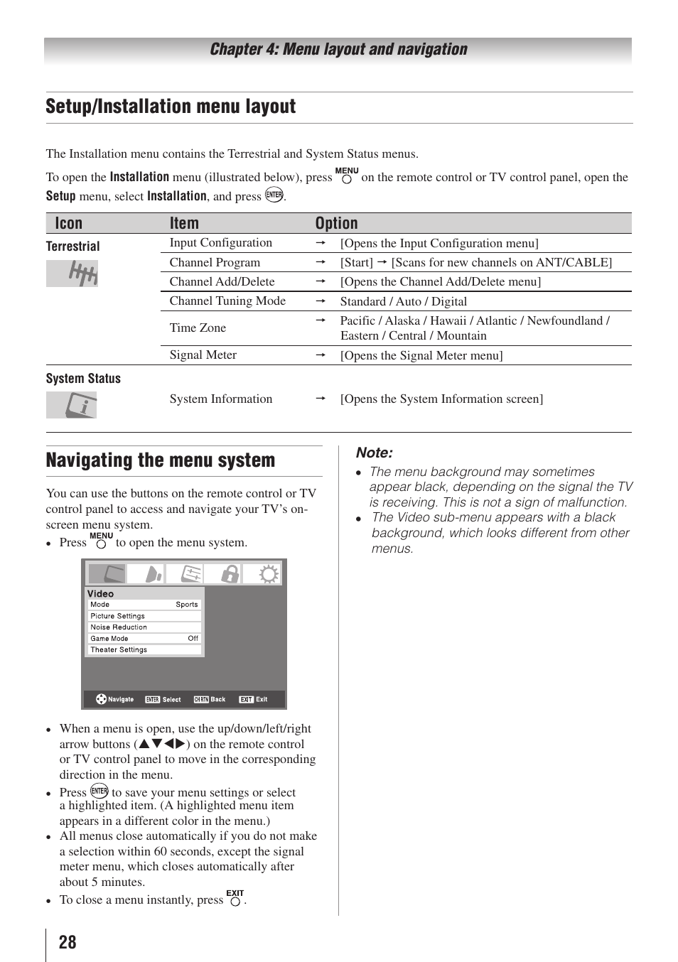 Setup/installation menu layout, Navigating the menu system | Toshiba 26AV502RZ User Manual | Page 28 / 64