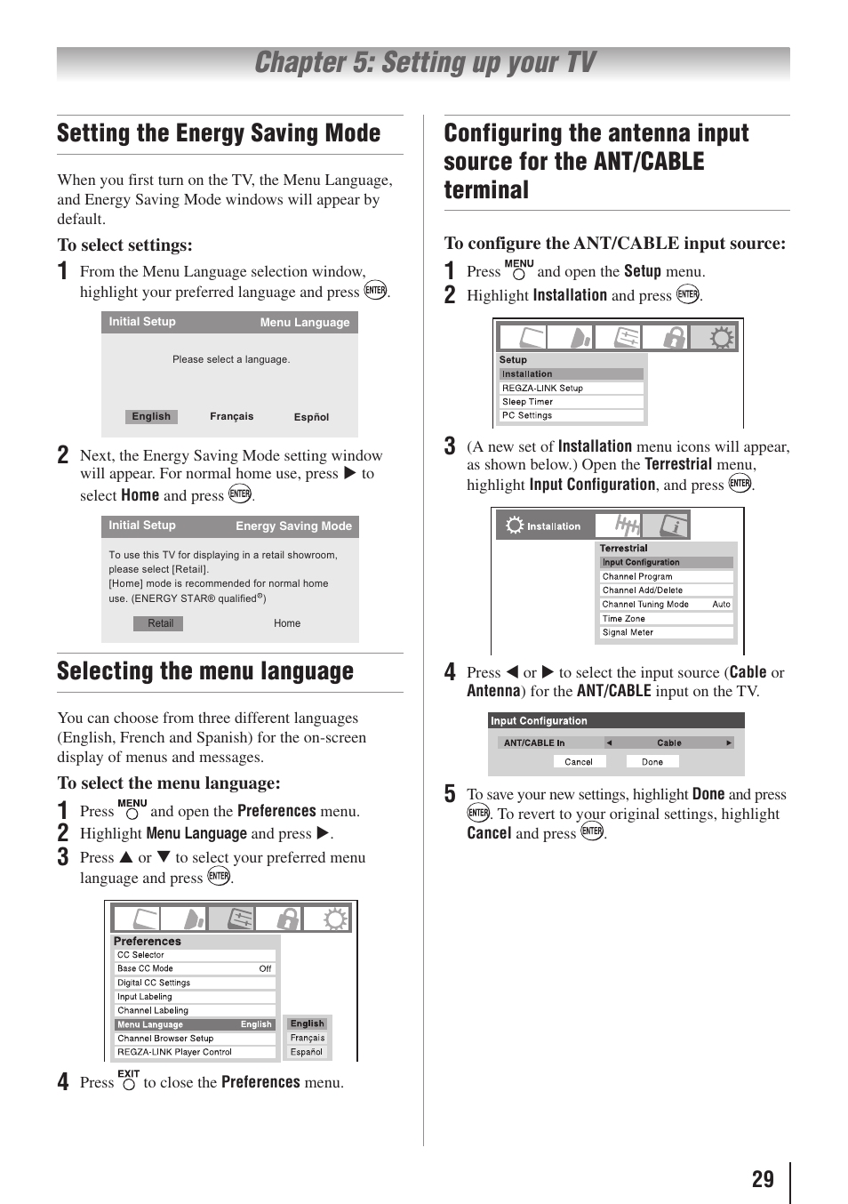 Chapter 5: setting up your tv, Setting the energy saving mode, Selecting the menu language | Toshiba 26AV502RZ User Manual | Page 29 / 64