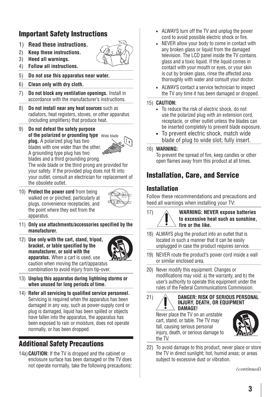 3important safety instructions, Additional safety precautions, Installation, care, and service | Installation | Toshiba 26AV502RZ User Manual | Page 3 / 64