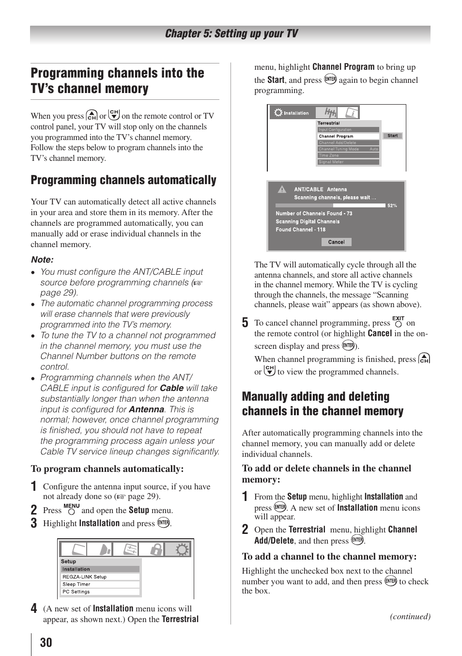 Programming channels automatically | Toshiba 26AV502RZ User Manual | Page 30 / 64