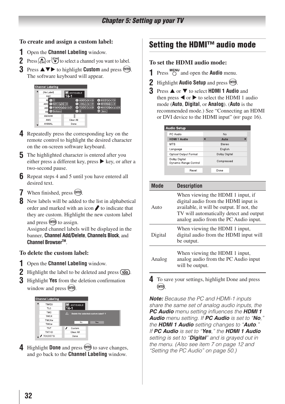 Setting the hdmi™ audio mode | Toshiba 26AV502RZ User Manual | Page 32 / 64