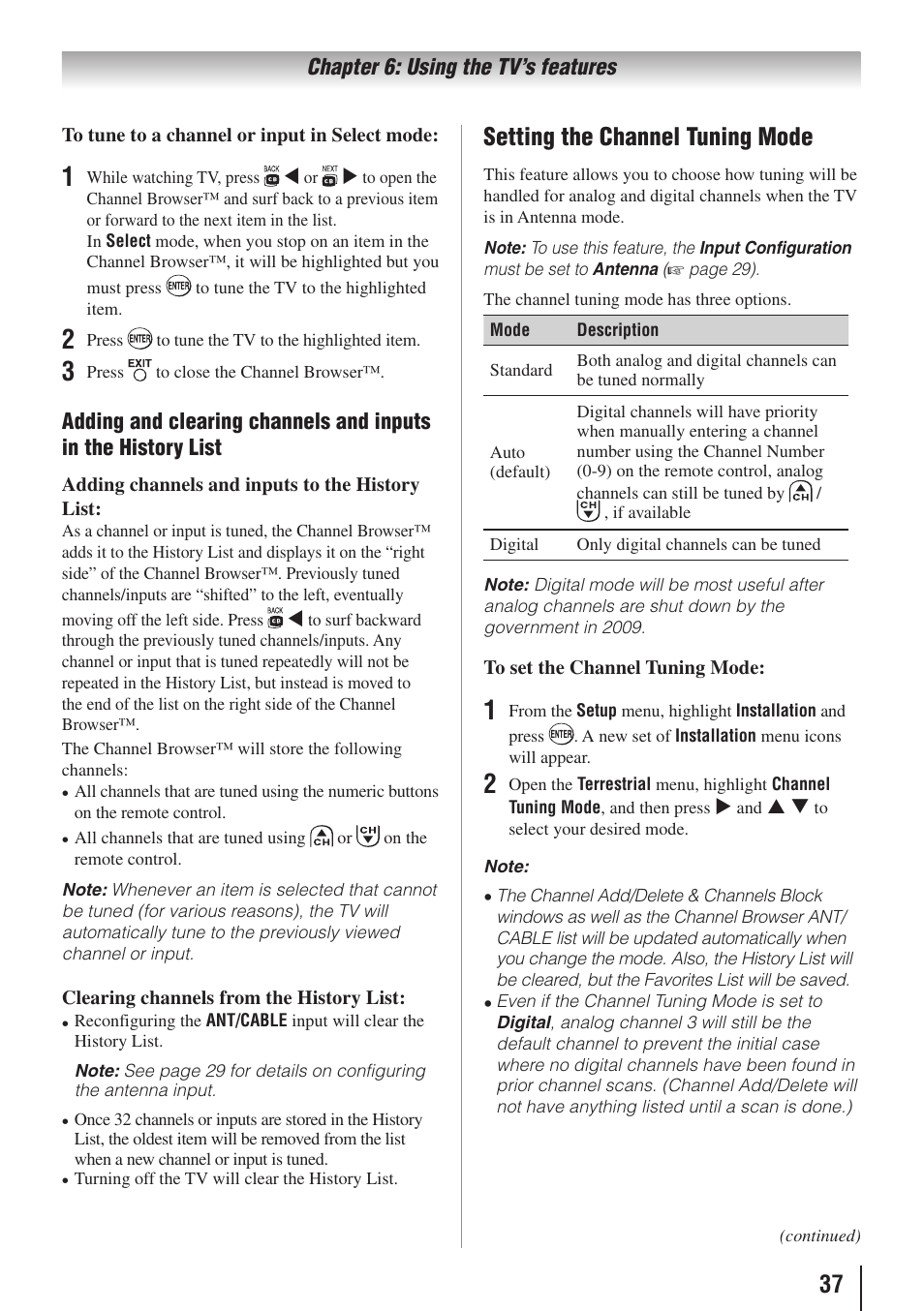 Setting the channel tuning mode | Toshiba 26AV502RZ User Manual | Page 37 / 64