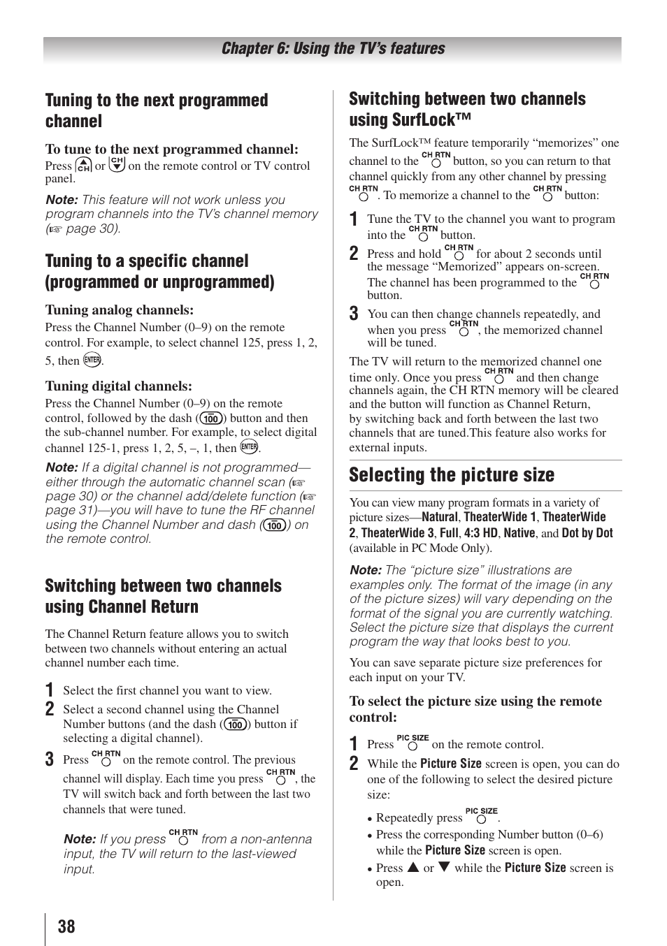 Selecting the picture size, Tuning to the next programmed channel, Switching between two channels using surflock | Toshiba 26AV502RZ User Manual | Page 38 / 64