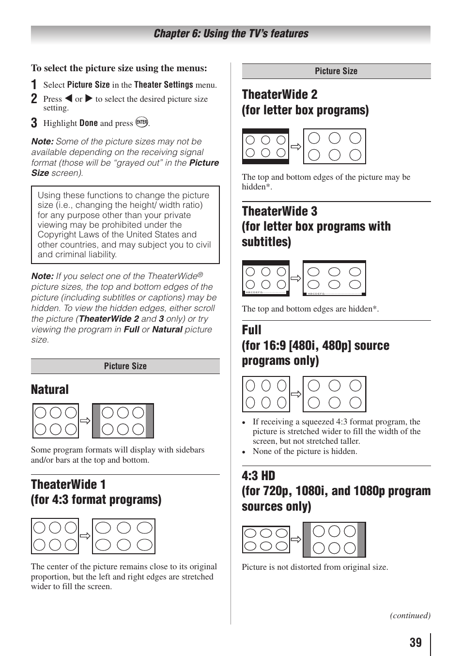 Natural, Theaterwide 1 (for 4:3 format programs), Theaterwide 2 (for letter box programs) | Toshiba 26AV502RZ User Manual | Page 39 / 64