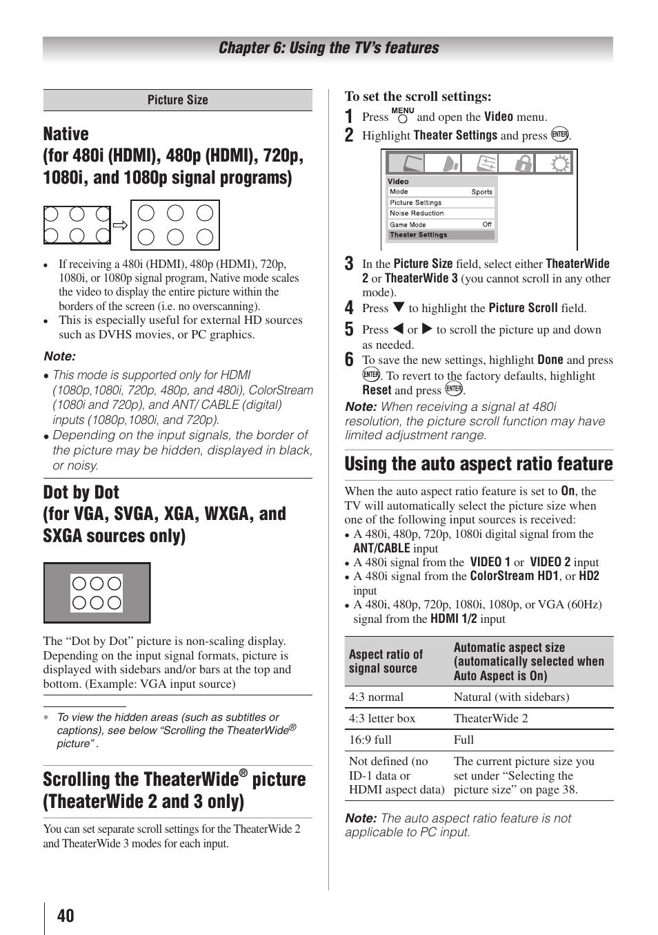 Scrolling the theaterwide, Picture (theaterwide 2 and 3 only), Using the auto aspect ratio feature | Toshiba 26AV502RZ User Manual | Page 40 / 64